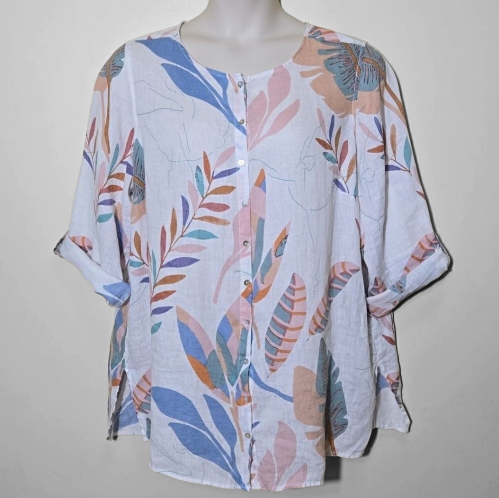 Cynthia Rowley Linen Button Down Top Size 1X / 18W Tropical Vacation Resortwear‎